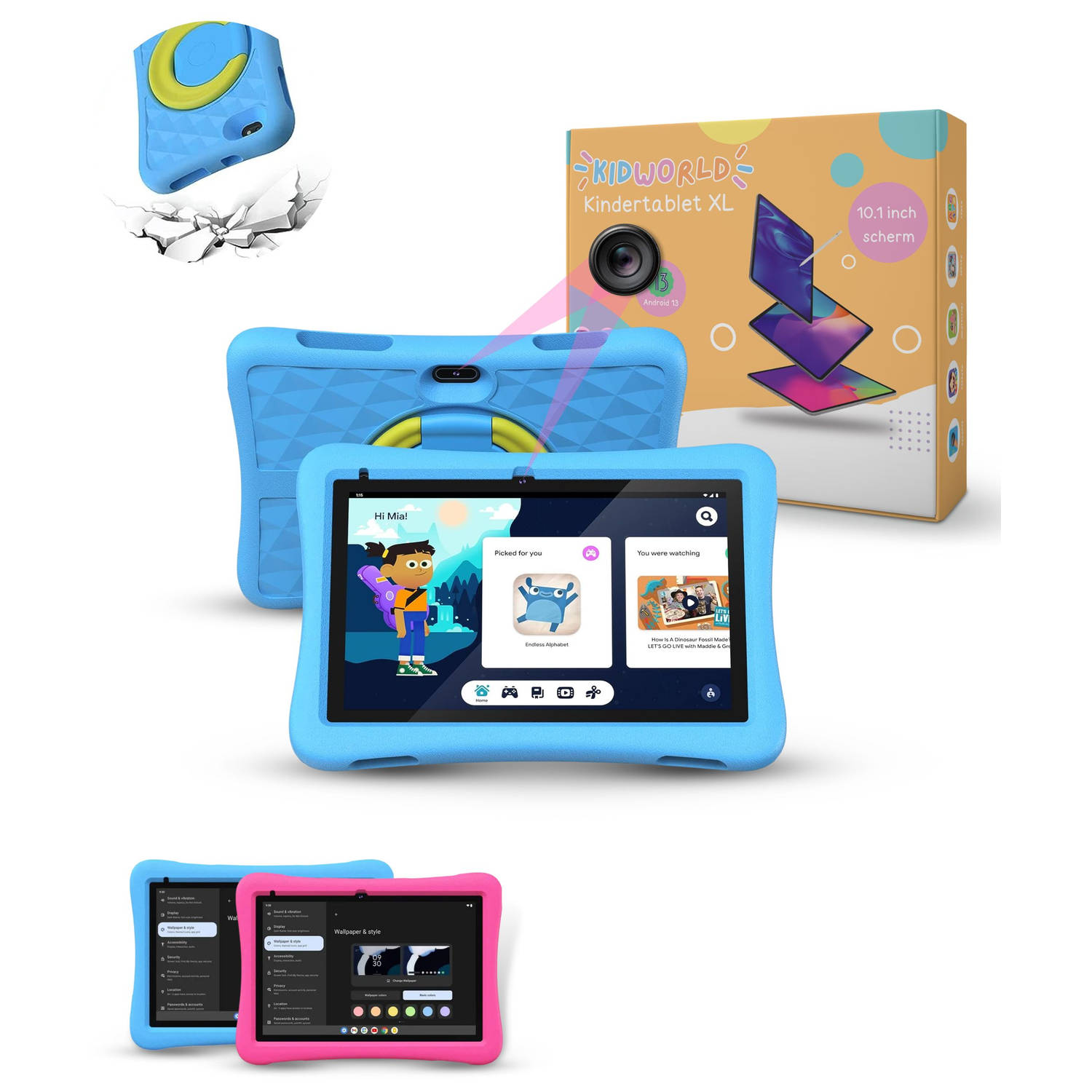KidWorld Kindertablet Blauw 4GB RAM + 64GB Geheugen Extra Groot 10 Inch Beeldscherm Android 13 Table