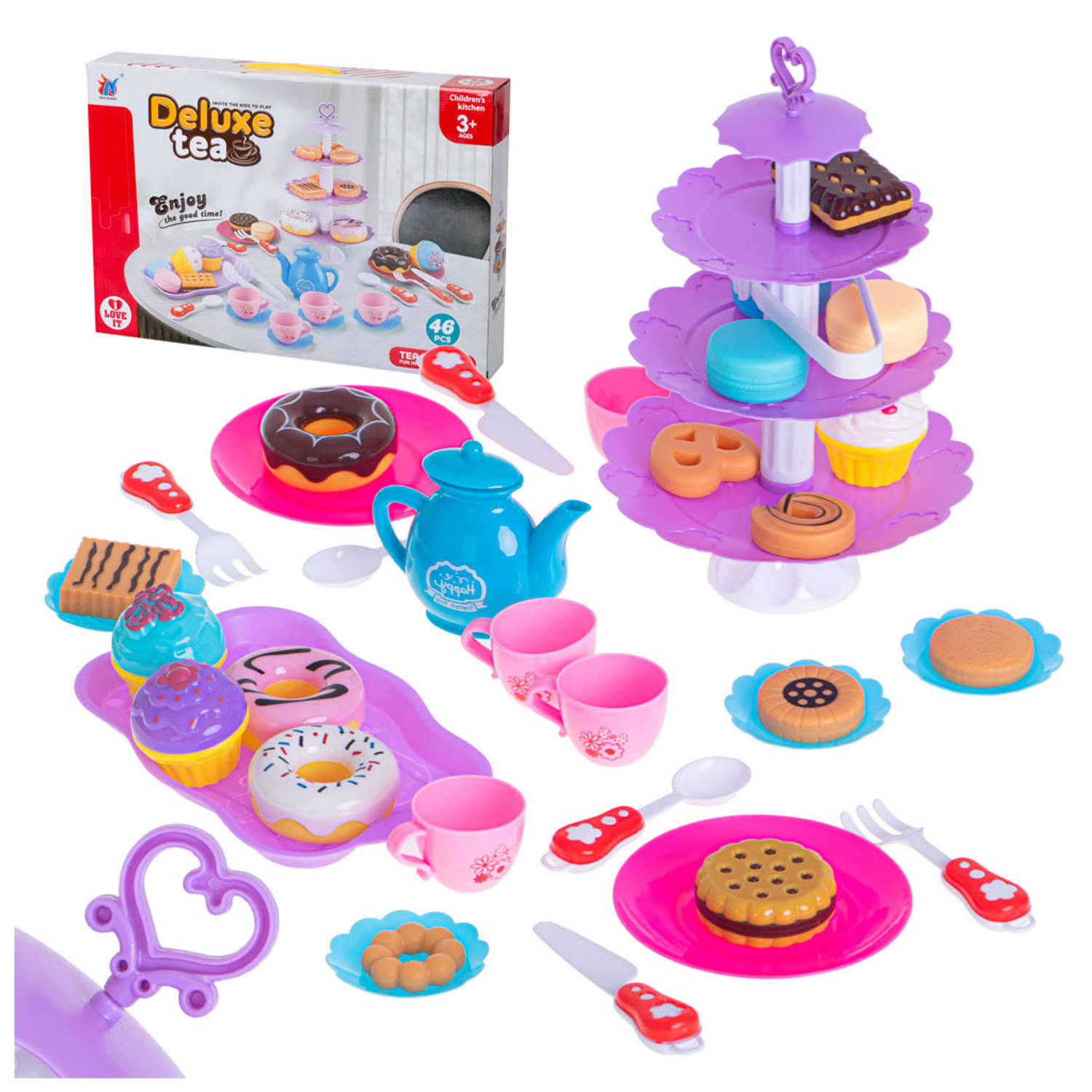 46-delige speelgoed servies high tea set met gebak etagère en bestek kunststof - Koffieservies - theeset - taarten - cupcakes