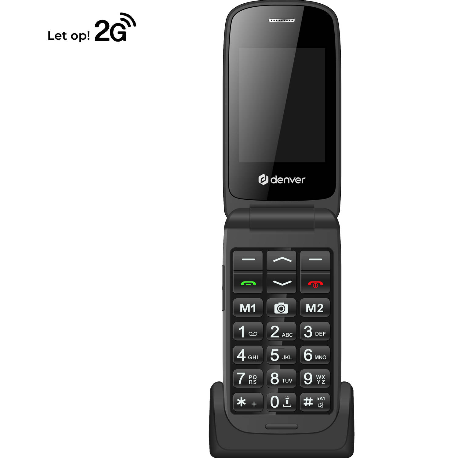 Denver Senioren Mobiele Telefoon - INCL. PREPAID SIMKAART - Grote Toetsen - Oplaadstation - Dual SIM - GSM - 2G - Simlockvrij - SOS knop - BAS24400EB - Zwart