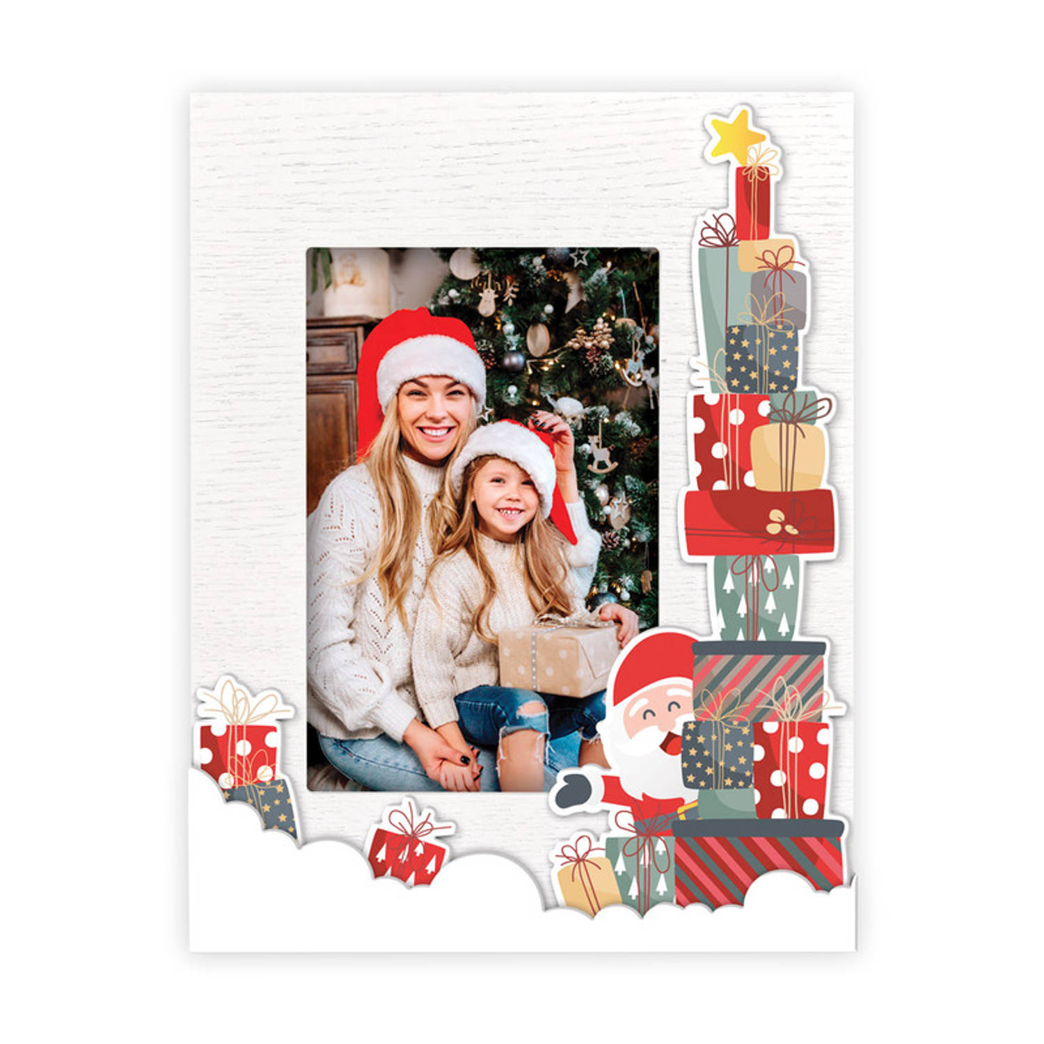 HAES DECO - Fotolijst Kerst met kerstman voor Foto 10 x 15 - Kerstdecoratie voor Binnen van Hout Wit - Formaat 17 x 22 cm - Xmas - HSZT2546