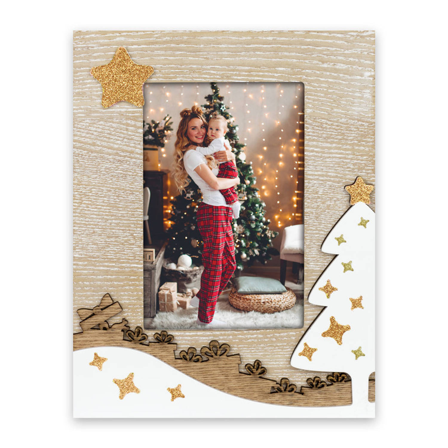 HAES DECO - Fotolijst Kerst met kerstboom voor Foto 10 x 15 - Kerstdecoratie voor Binnen van Hout Bruin - Formaat 17 x 22 cm - Xmas - HSZT3446