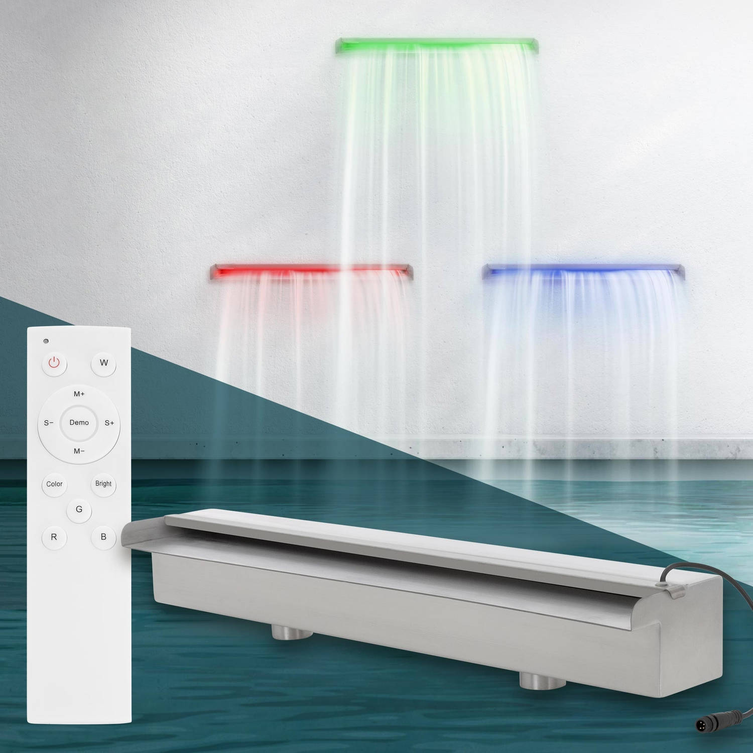 Waterval voor zwembaden 60 cm roestvrij staal incl. RGB LED verlichting en afstandsbediening ML-Design