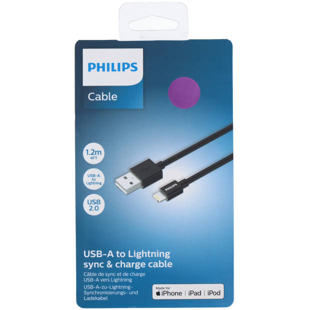PHILIPS - USB-A naar Lightning Kabel - DLC3104V/03 - 1.2 Meter Kabel - Opladen en Synchroniseren - Zwart