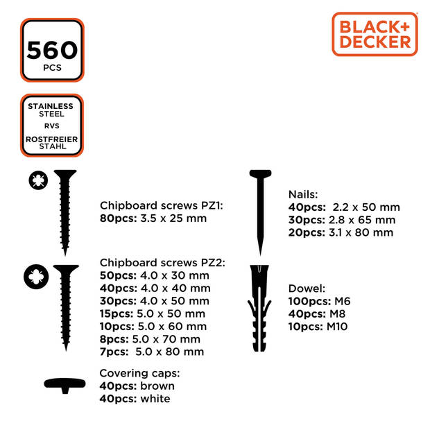 BLACK+DECKER Spijkers, Pluggen en Schroeven Set - 560 stuks - Assortimentsdoos