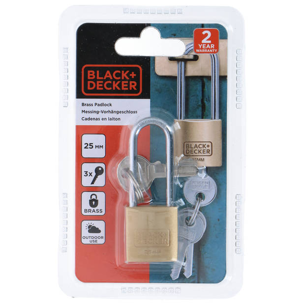 BLACK+DECKER Hangslot - 25mm - Lange Beugel - Incl. 3 Sleutels - Massief Messing Slot