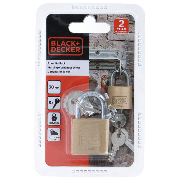BLACK+DECKER Hangslot met Sleutel - 30mm - Incl. 3 Sleutels - Massief Messing Slot