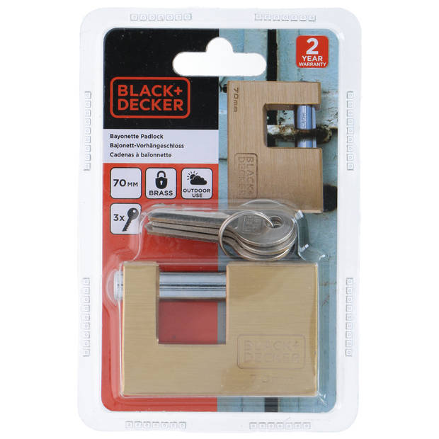 BLACK+DECKER Hangslot - 70mm - Incl. 3 Sleutels - Massief Messing