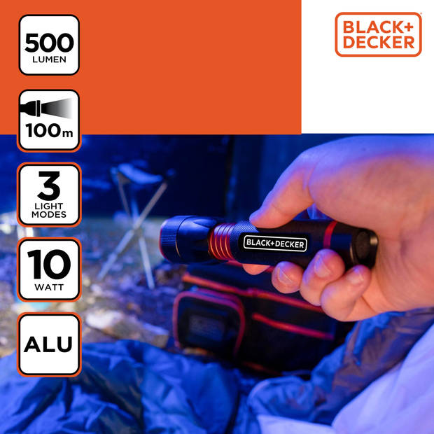 BLACK+DECKER LED Zaklamp 500 Lumen - 100M Bereik - 3 Lichtstanden: Hoog, Laag, Pulserend - Zwart/Oranje