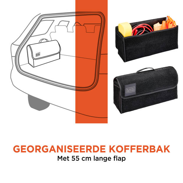 BLACK+DECKER Kofferbak Organizer - Kofferbak Tas - 55 x 15 x 23 CM - Met Klittenband - Zwart