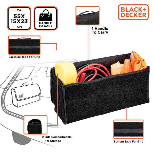 BLACK+DECKER Kofferbak Organizer - Kofferbak Tas - 55 x 15 x 23 CM - Met Klittenband - Zwart