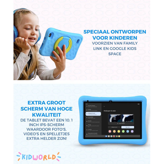 KidWorld Kindertablet Blauw 4GB RAM + 64GB Geheugen Extra Groot 10 Inch Beeldscherm Android 13 Tablet Kinderen