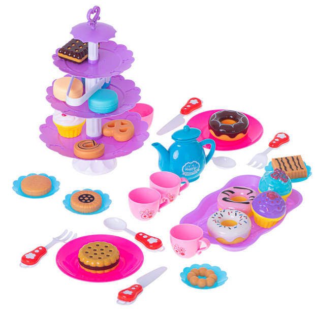 46-delige speelgoed servies high tea set met gebak etagère en bestek kunststof