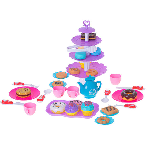 46-delige speelgoed servies high tea set met gebak etagère en bestek kunststof