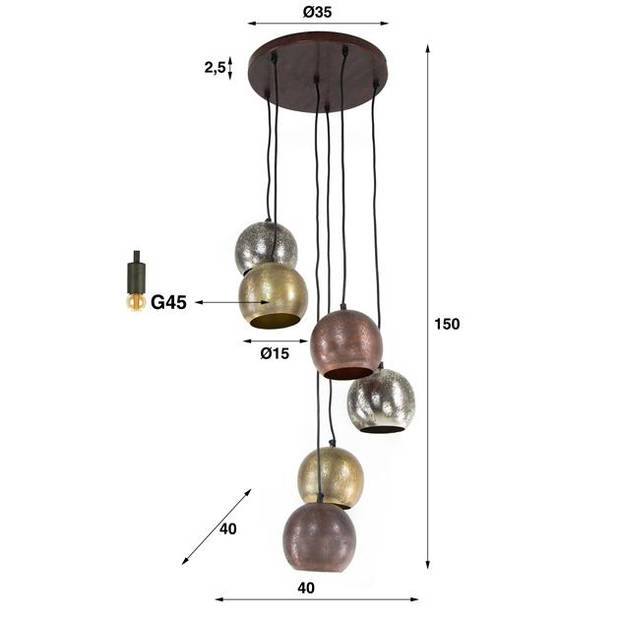 Hoyz Collection - Hanglamp 6x Bol Getrapt Metal Print - Mat Nikkel Mix Color