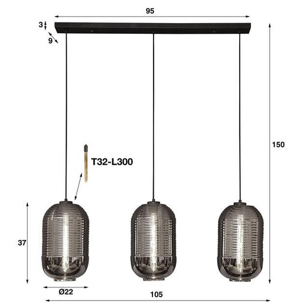 Hoyz - Hanglamp 3L Tub - Chromed Glass