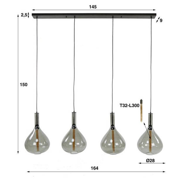 Hoyz Collection - Hanglamp 4L Drop Smoke Glass - Artic Zwart