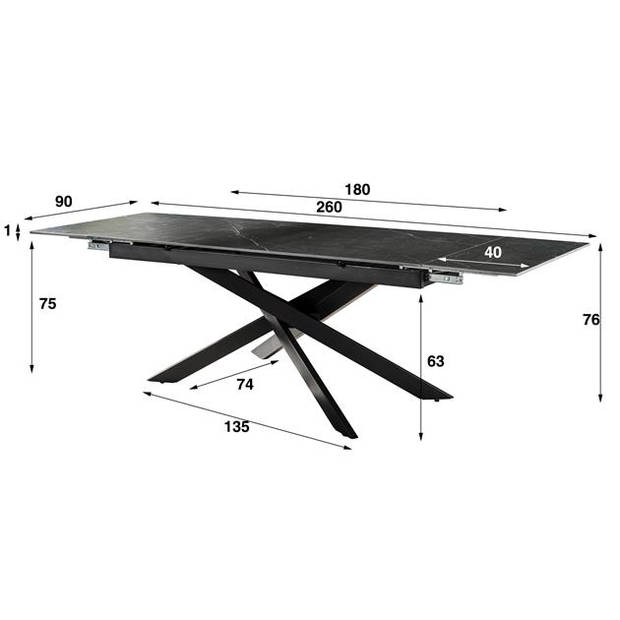 Hoyz - Uitschuifbaretafel 180 tot 260cm - Keramisch - Zwart - 6-8 Personen