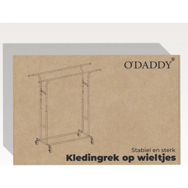 O'DADDY® Kledingrek op wieltjes - Zwart metalen kledingrek - Dubbel verstelbare kledingstang - Stabiel tot 110kg