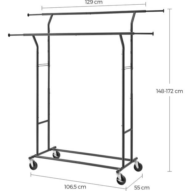 O'DADDY® Kledingrek op wieltjes - Zwart metalen kledingrek - Dubbel verstelbare kledingstang - Stabiel tot 110kg