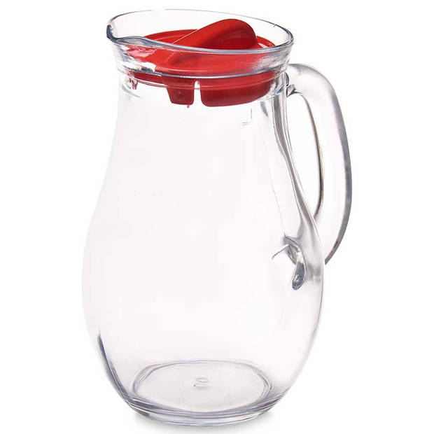 Pasabahce Waterkan sapkan schenkkan met afsluitdop - 1 liter - glas - transparant/rood - 20 cm - Schenkkannen