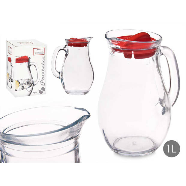 Pasabahce Waterkan sapkan schenkkan met afsluitdop - 1 liter - glas - transparant/rood - 20 cm - Schenkkannen