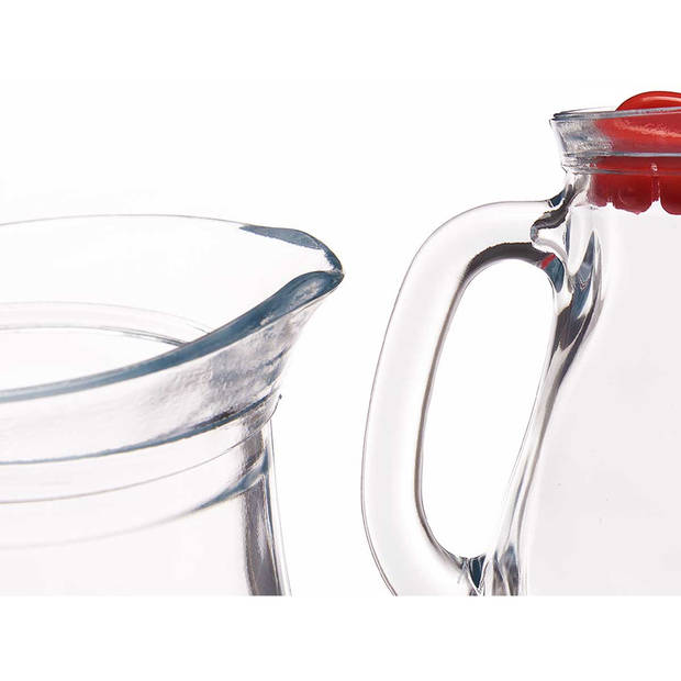 Pasabahce Waterkan sapkan schenkkan met afsluitdop - 1 liter - glas - transparant/rood - 20 cm - Schenkkannen