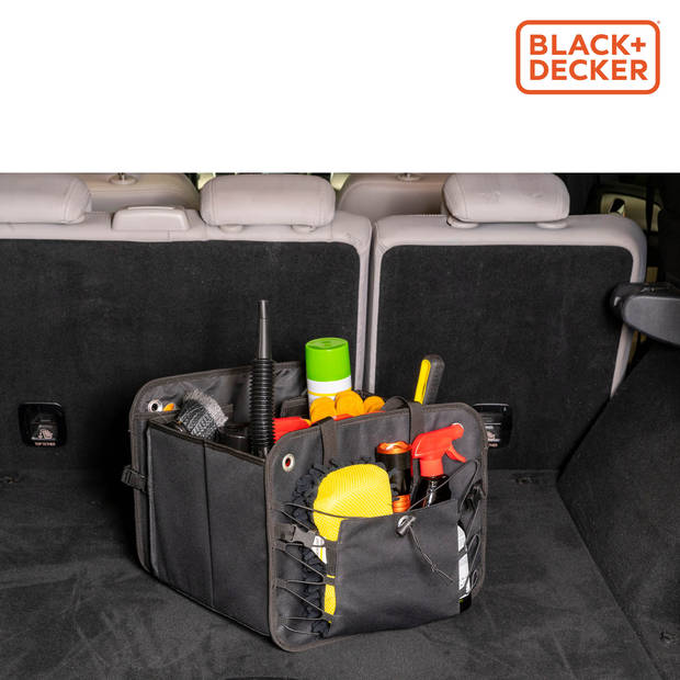 BLACK+DECKER Kofferbak Opbergbox - 59 x 36 x 30 CM - 2 Vakken - Extra Zijvakken - Met Handvatten - Zwart