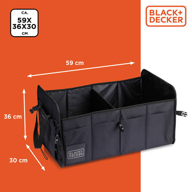 BLACK+DECKER Kofferbak Opbergbox - 59 x 36 x 30 CM - 2 Vakken - Extra Zijvakken - Met Handvatten - Zwart