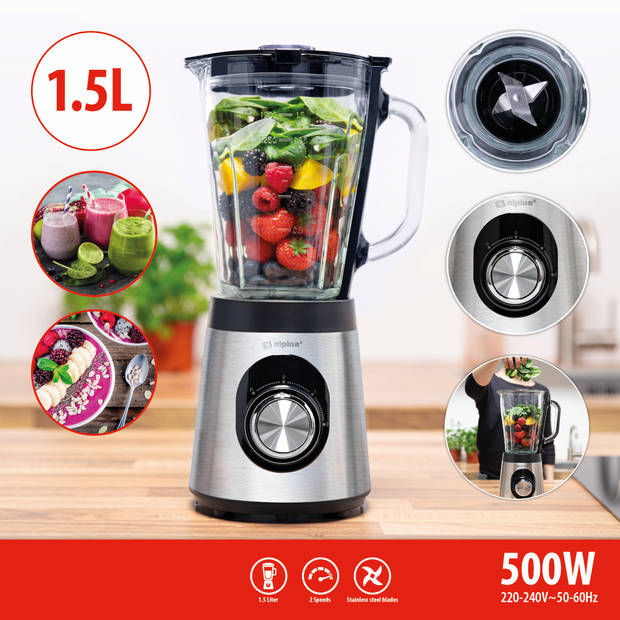 alpina Blender 1,5L - BL9703A-GS - Smoothie Maker 500W - 2 Snelheden en Pulserende Functie - Zilver