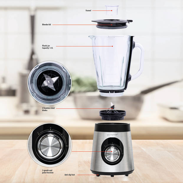 alpina Blender 1,5L - BL9703A-GS - Smoothie Maker 500W - 2 Snelheden en Pulserende Functie - Zilver