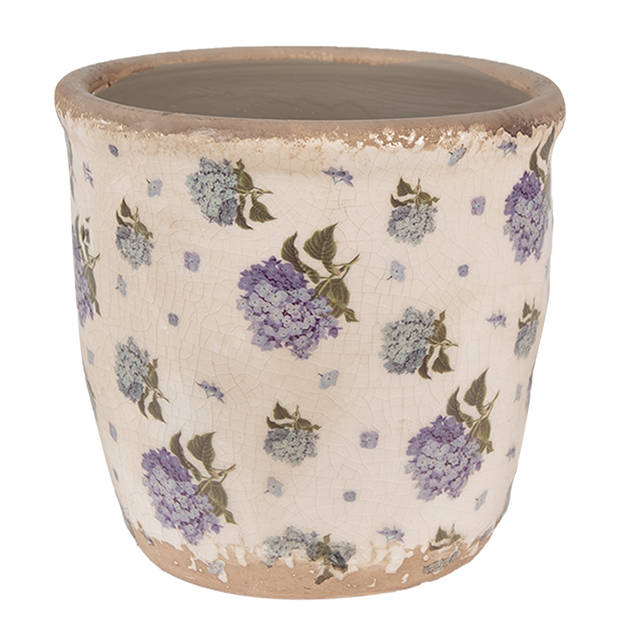 HAES DECO - Bloempot Ø 13x12 cm Beige Blauw Keramiek Bloemen Bloempot Binnen