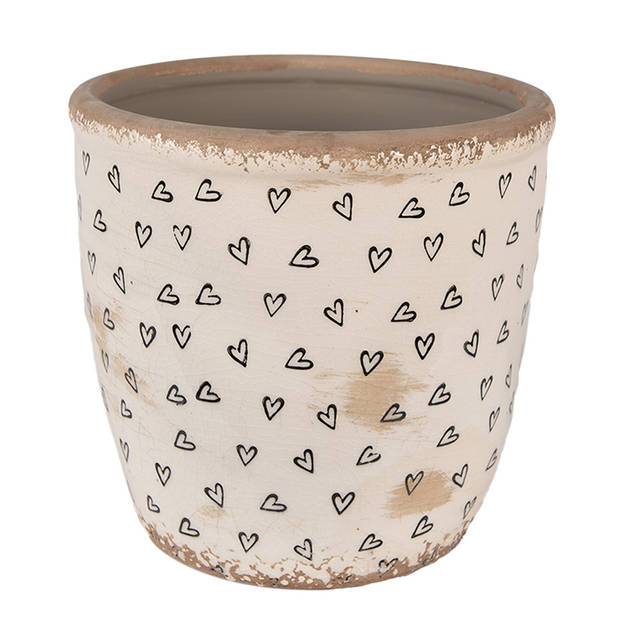 Clayre & Eef Bloempot Ø 16x16 cm Beige Zwart Keramiek Hartjes Bloempot Binnen Beige Bloempot Binnen