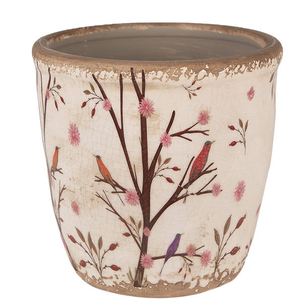 HAES DECO - Bloempot Ø 16x16 cm Beige Bruin Keramiek Takken Bloempot Binnen