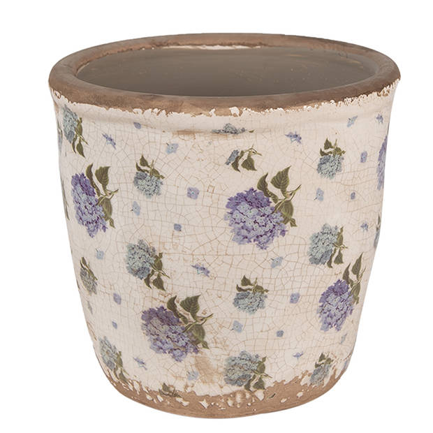 HAES DECO - Bloempot Ø 14x13 cm Beige Blauw Keramiek Bloemen Bloempot Binnen