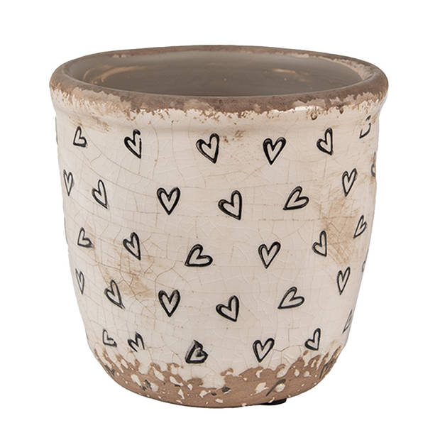 Clayre & Eef Bloempot Ø 11x11 cm Beige Zwart Keramiek Hartjes Bloempot Binnen Beige Bloempot Binnen