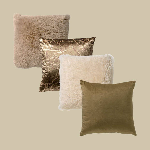 VOORDEELSET MARIN - Set van 4 sierkussens - 45x45 cm - 40x40 cm - Marin + Fluffy + Croco - wit en olijf