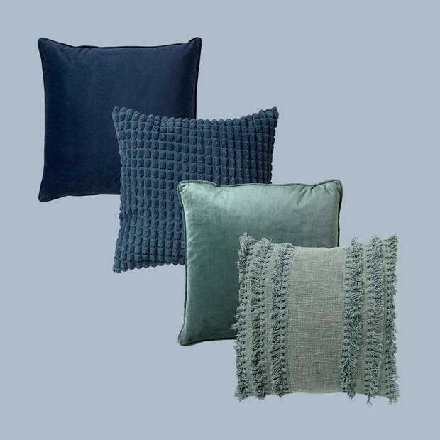 VOORDEELSET FARA - Set van 4 sierkussens 45x45 cm - Finn + Fara + Rome - lichtgroen - groen - donkerblauw