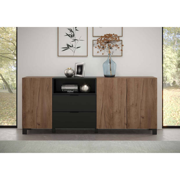 Kendo dressoir 3 deuren, 2 laden, 1 plank, eik decor, zwart mat.