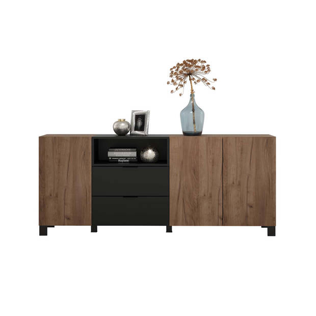 Kendo dressoir 3 deuren, 2 laden, 1 plank, eik decor, zwart mat.