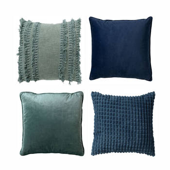 VOORDEELSET FARA - Set van 4 sierkussens 45x45 cm - Finn + Fara + Rome - lichtgroen - groen - donkerblauw