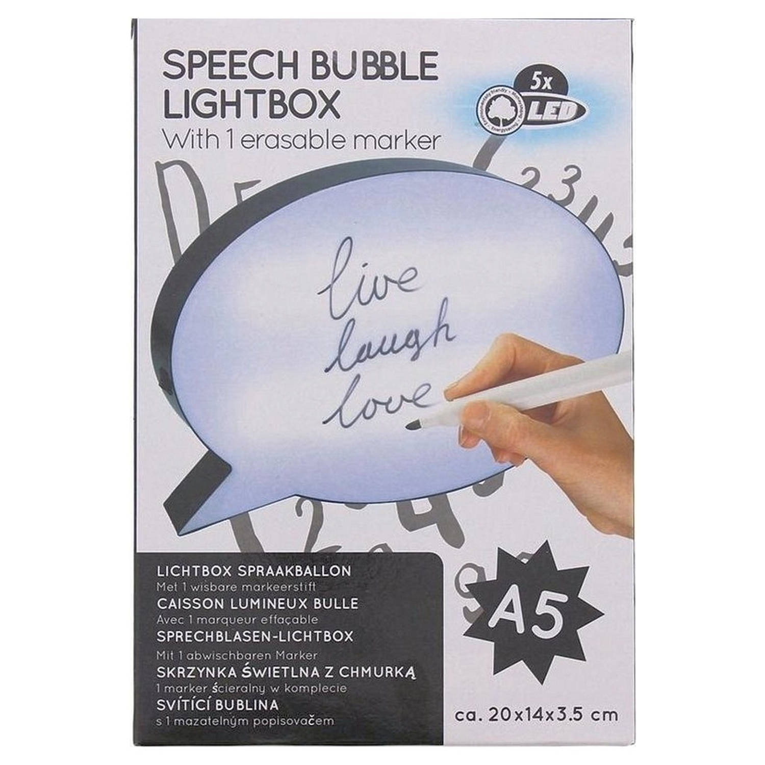 Speech Bubble LED Lightbox Lichtbox LED Spraak Ballon Met 1x markeerstift 5x LED A5 Formaat