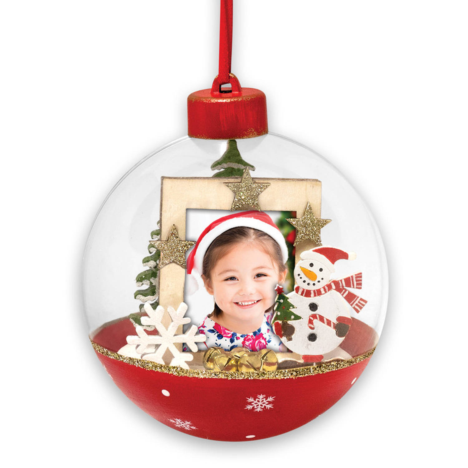 HAES DECO - Foto Kerstbal XL voor pasfoto 3,5 x 4,5 cm - Kerstbal Rood met Sneeuwpop - Rond 10 cm - Kerstdecoratie voor Binnen - LS448HS