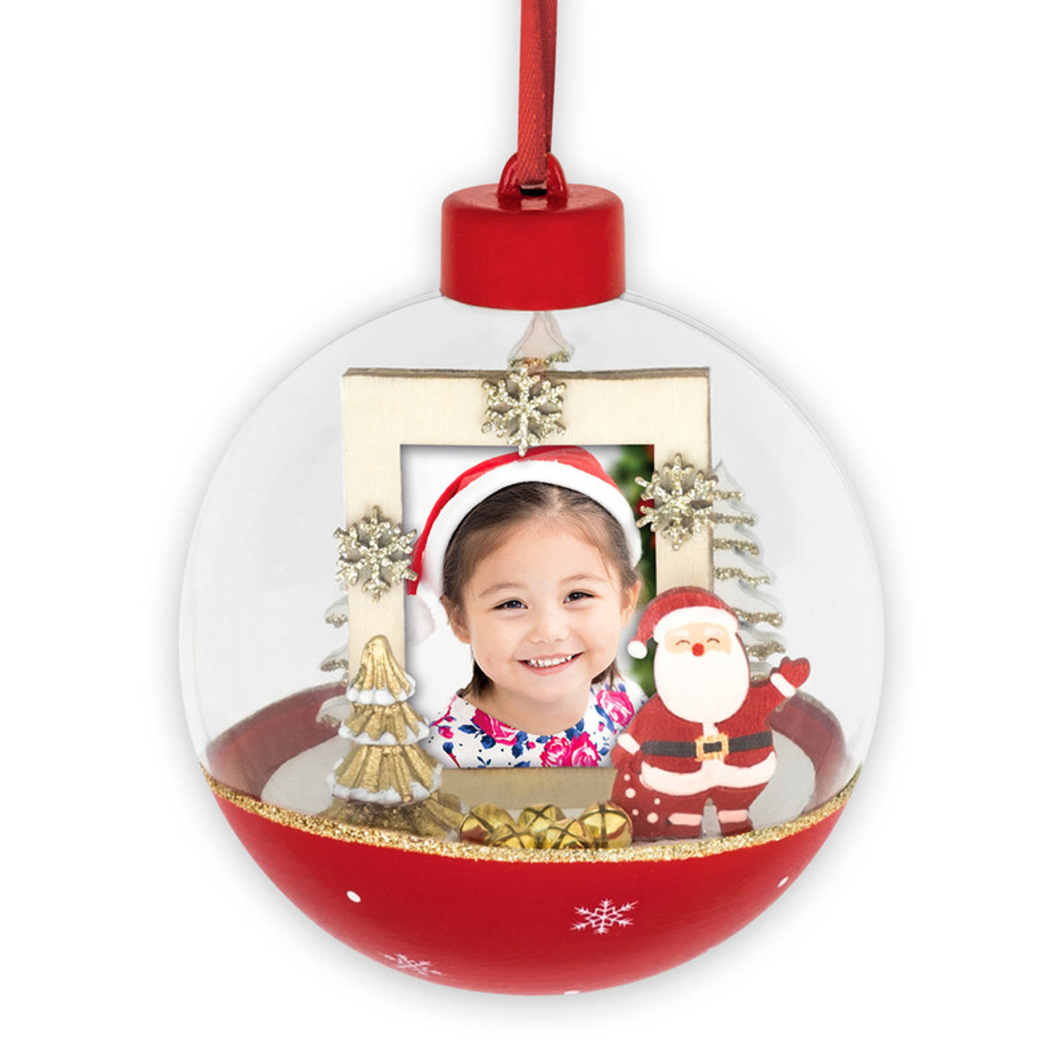 HAES DECO - Foto Kerstbal XL voor pasfoto 3,5 x 4,5 cm - Kerstbal Rood met Kerstman - Rond 10 cm - Kerstdecoratie voor Binnen - LS449HS