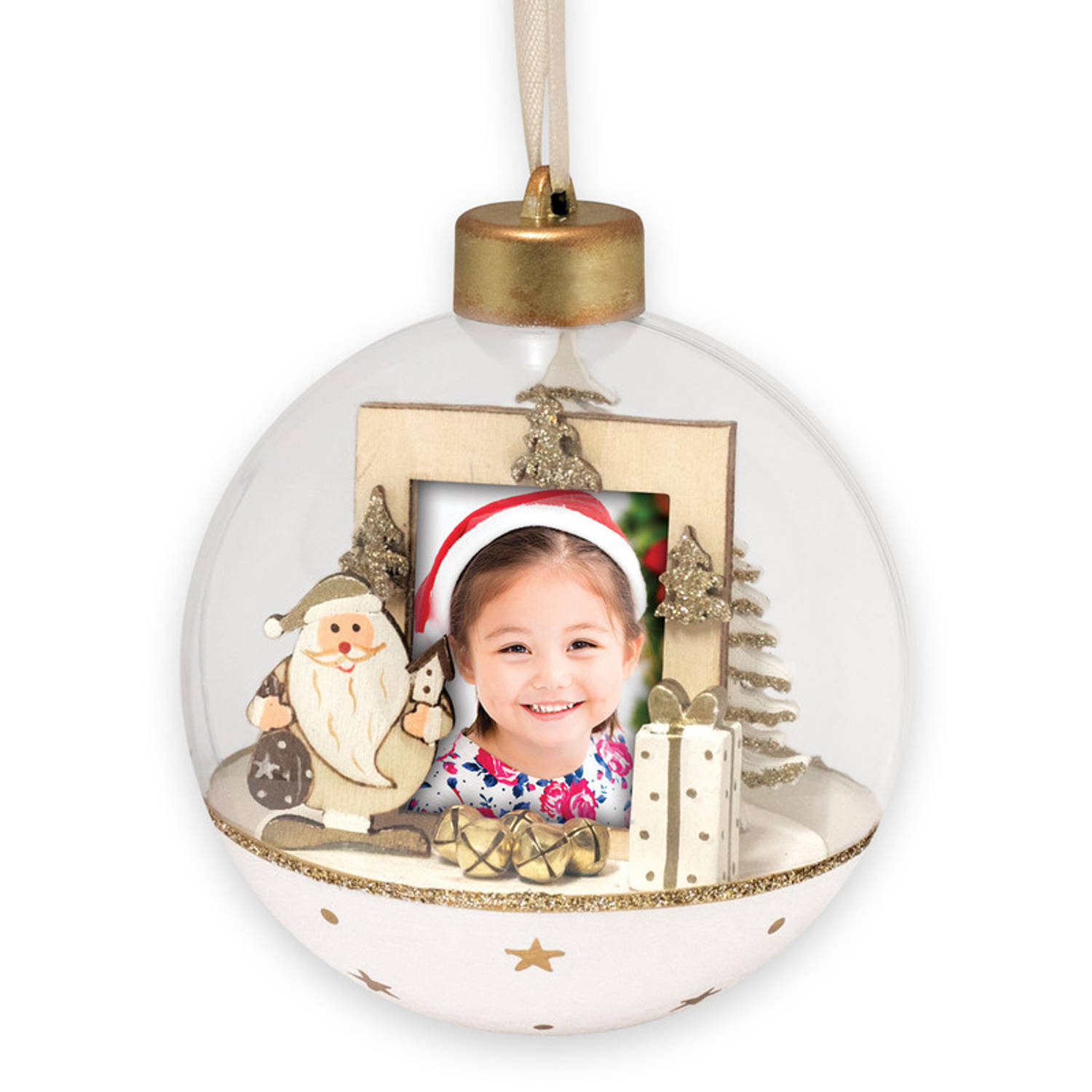 HAES DECO - Foto Kerstbal XL voor pasfoto 3,5 x 4,5 cm - Kerstbal Wit met Kerstman - Rond 10 cm - Kerstdecoratie voor Binnen - LS447HS