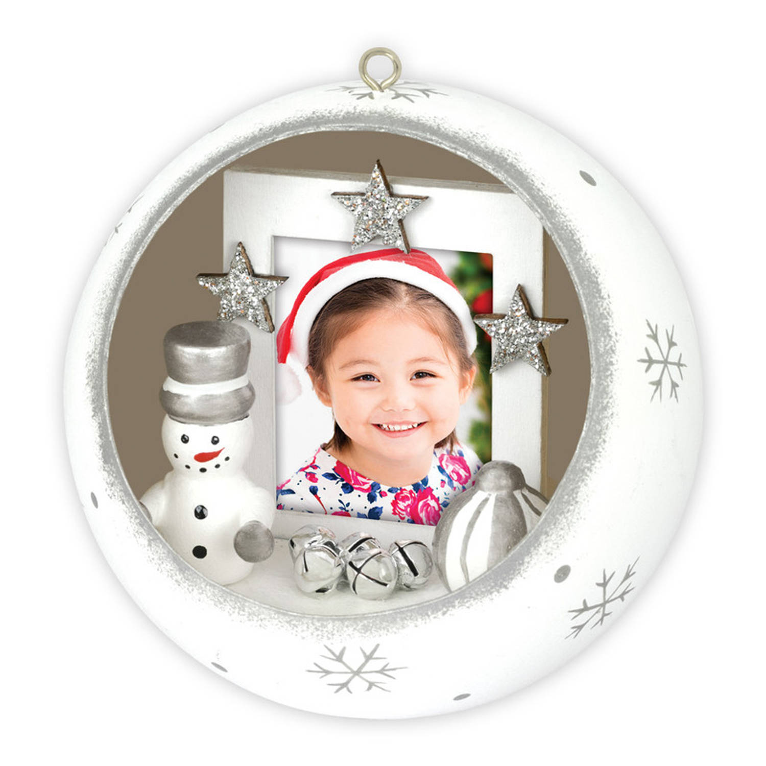 HAES DECO - Foto Kerstbal XL voor pasfoto 3,5 x 4,5 cm - Kerstbal Wit met Sneeuwpop - Rond 10 cm - Kerstdecoratie voor Binnen - LS446HS