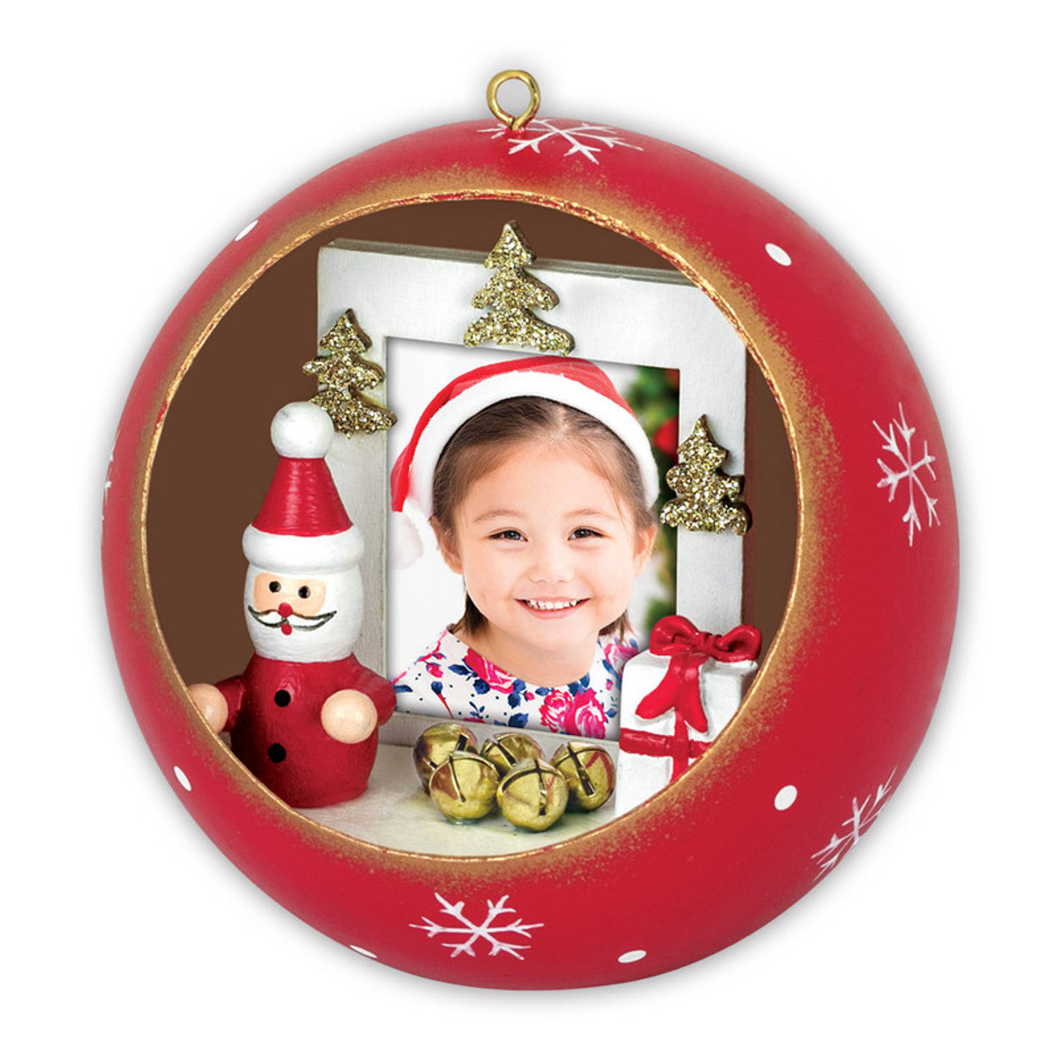 HAES DECO - Foto Kerstbal XL voor pasfoto 3,5 x 4,5 cm - Kerstbal Rood met Kerstman - Rond 10 cm - Kerstdecoratie voor Binnen - LS445HS