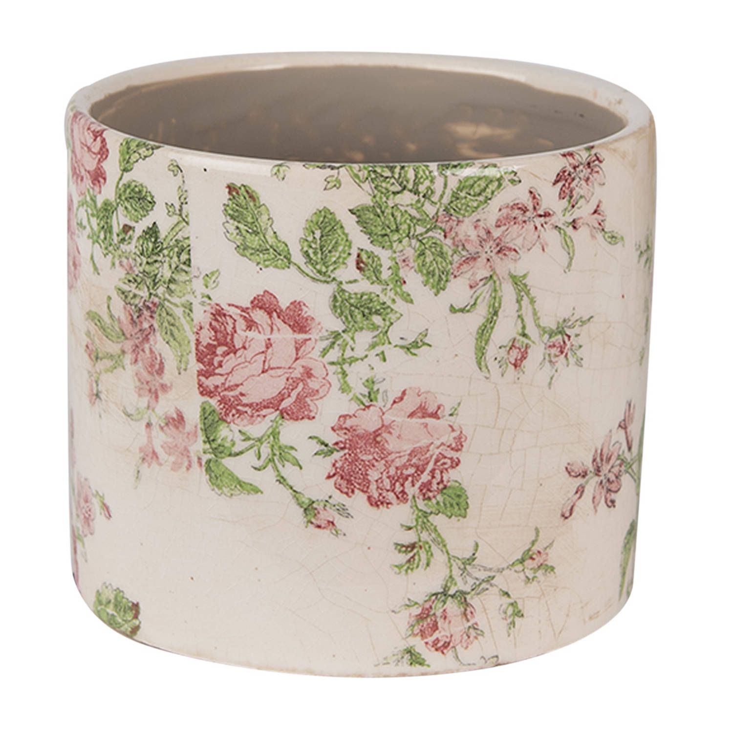 HAES DECO - Bloempot Ø 12x10 cm Beige Roze Keramiek Bloemen Bloempot Binnen