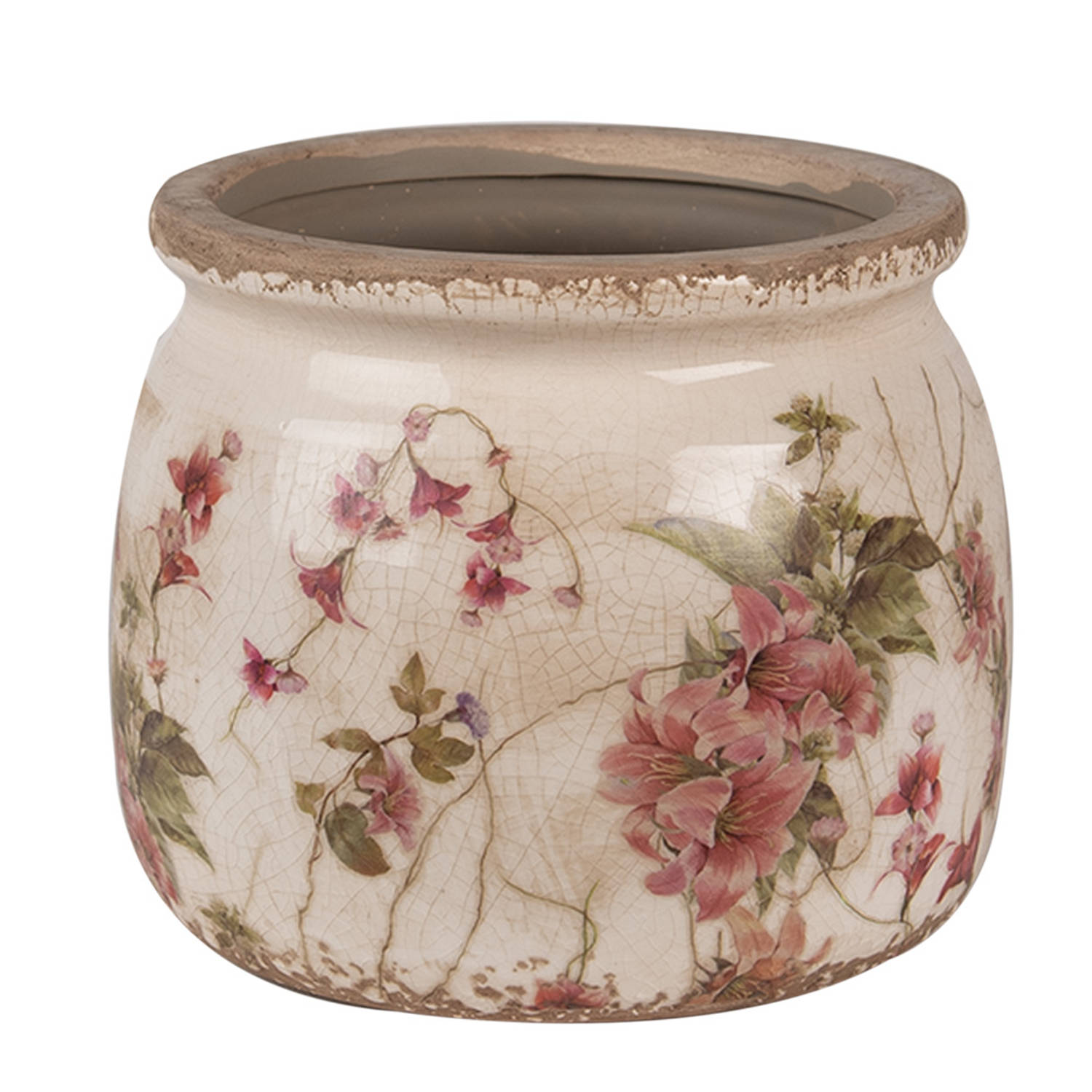 HAES DECO - Bloempot Ø 16x13 cm Beige Roze Keramiek Bloemen Bloempot Binnen