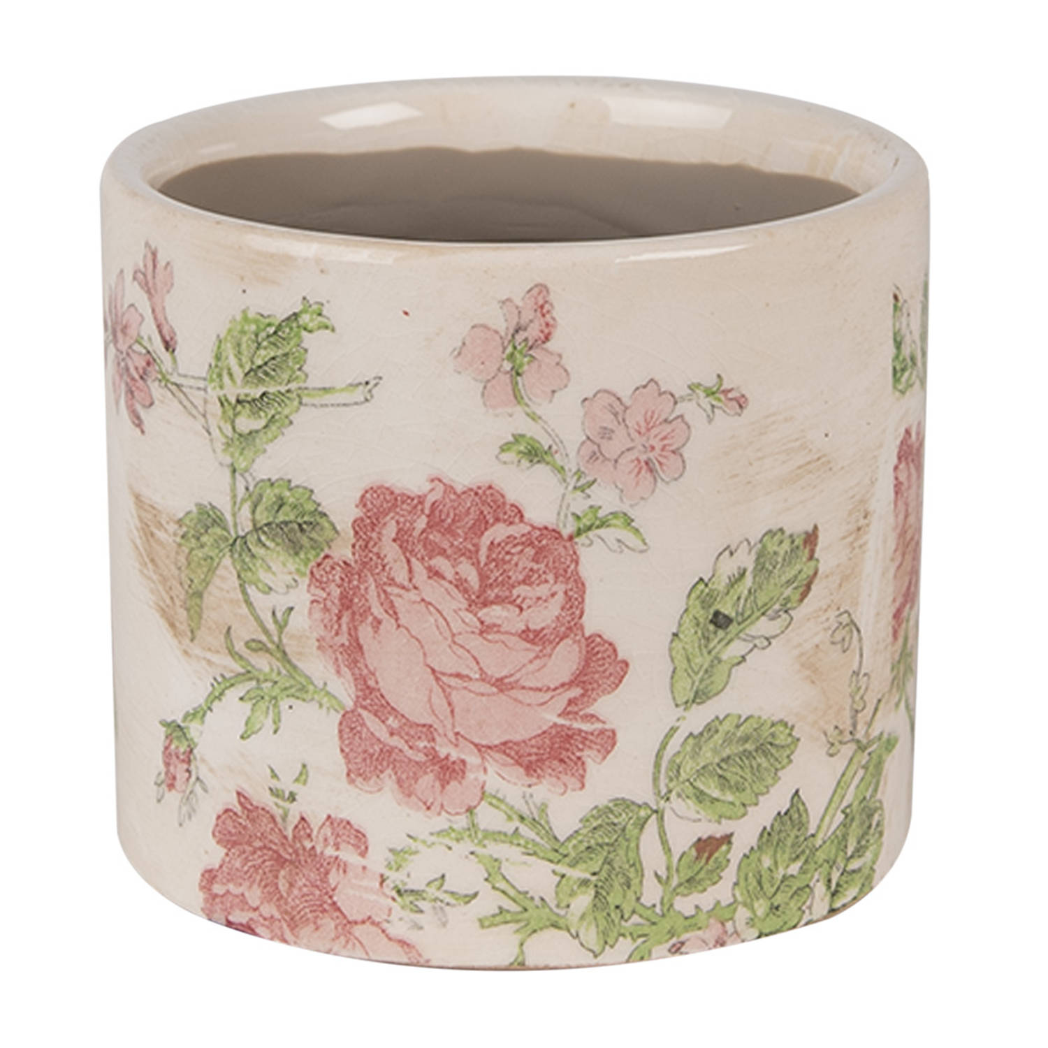 Clayre & Eef Bloempot Ø 11x9 cm Beige Roze Keramiek Bloemen Bloempot Binnen