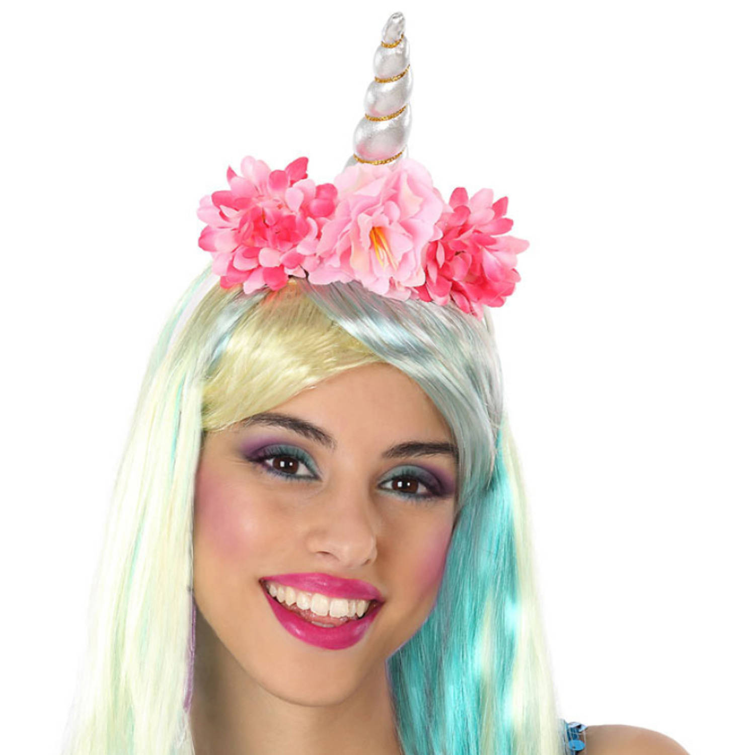 Atosa Verkleed haarband Unicorn/Eenhoorn - roze gekleurd - meisjes/dames - met bloemen